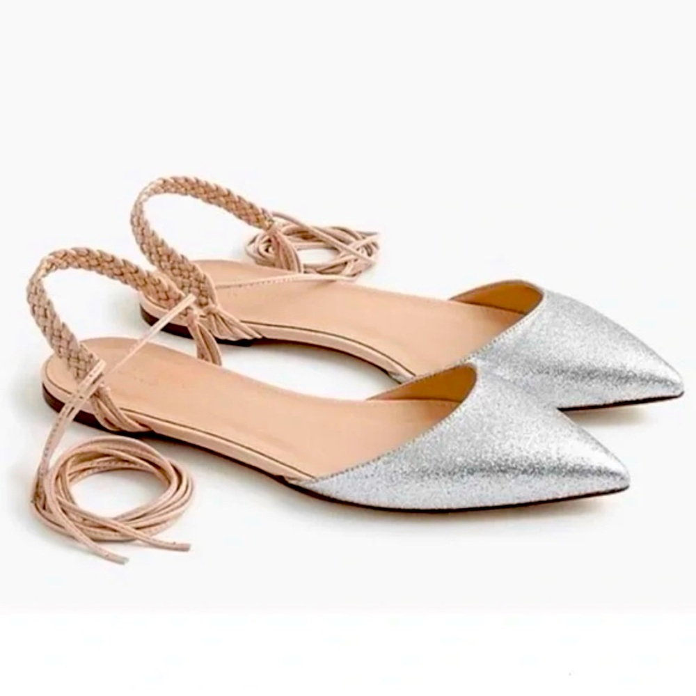 “J.CREW”, Women, Size 8.5, Silver Sparkle Glitter w/Beige Ankle Tie-Up Flat Shoe